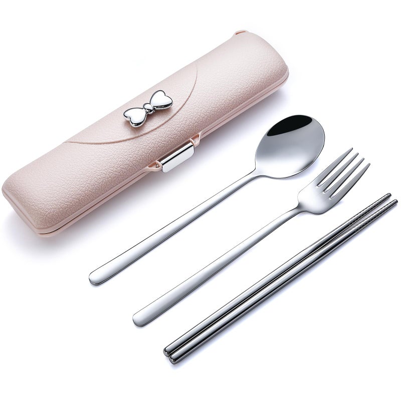 DEVICO Travel Silverware Set with Case, Portable Lunch Utensils Set for Work, Reusable Travel Cutlery Set, 18/8 Stainless Steel Flatware for Caming School Picnic, Dishwasher Safe (Pink) - Image 1