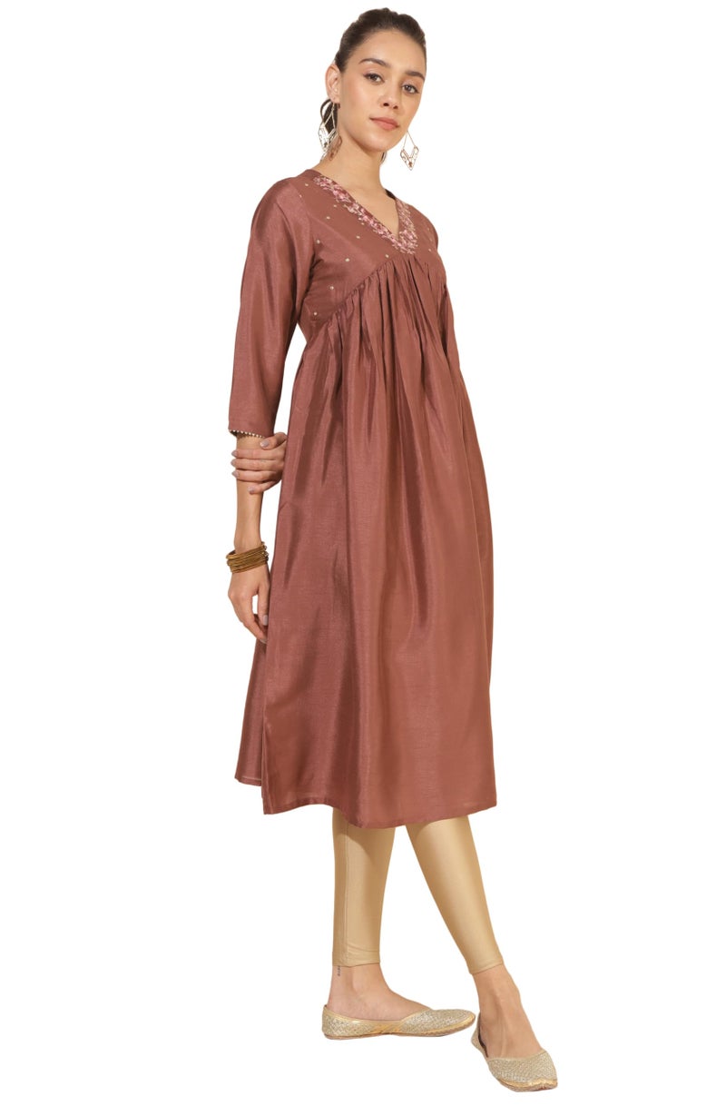Janasya Women's Brown Silk Blend Embellished Empire Kurta (JNE4351-KR-XXL) - Image 4