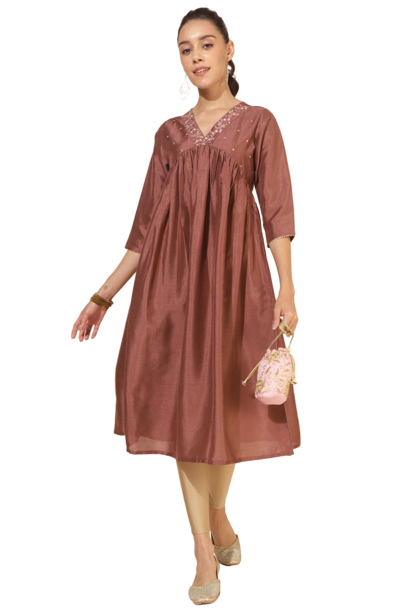 Janasya Women's Brown Silk Blend Embellished Empire Kurta (JNE4351-KR-XXL) - Image 2