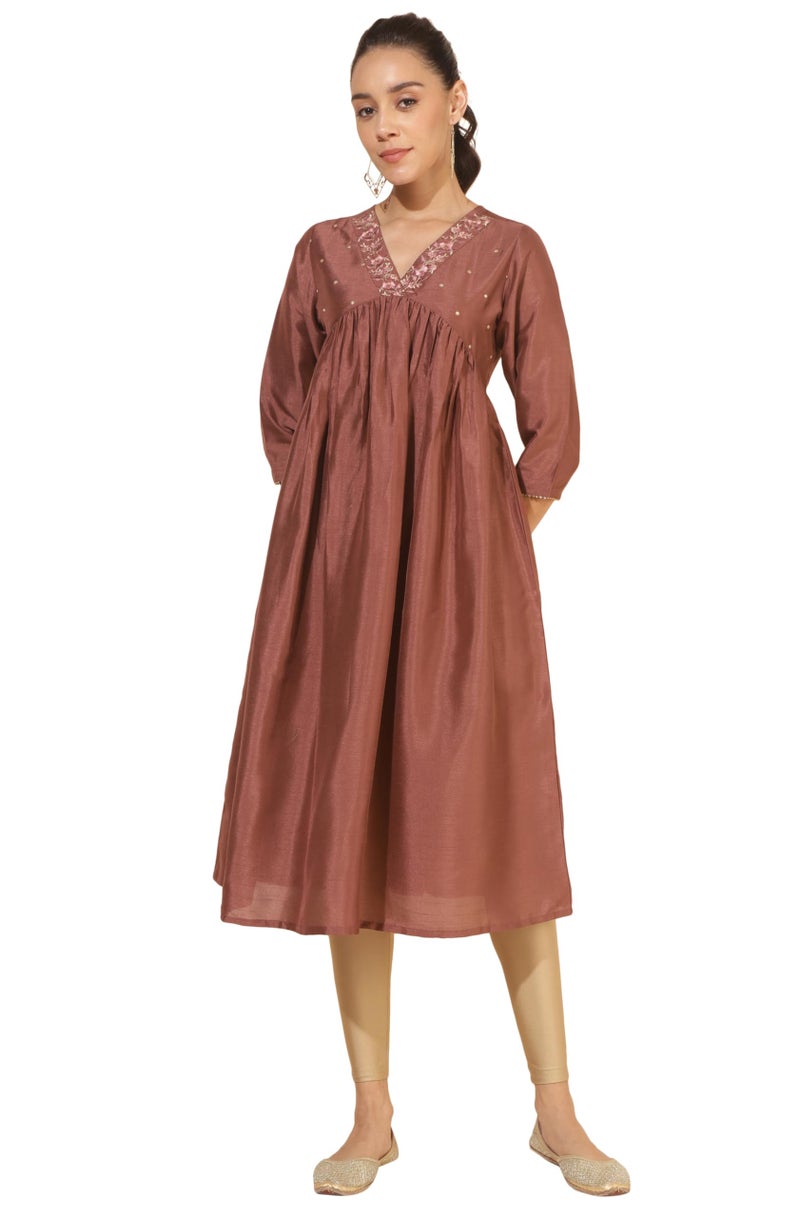 Janasya Women's Brown Silk Blend Embellished Empire Kurta (JNE4351-KR-XXL) - Image 1