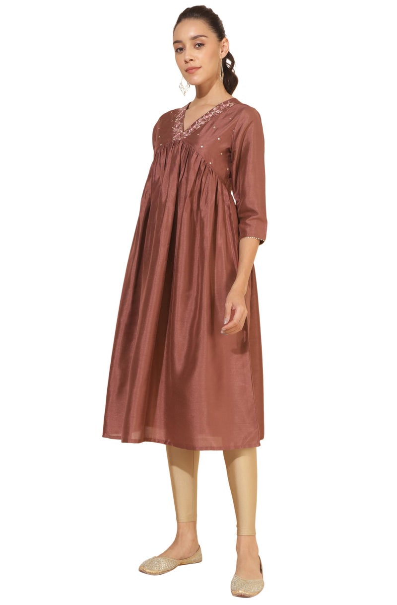 Janasya Women's Brown Silk Blend Embellished Empire Kurta (JNE4351-KR-XXL) - Image 3