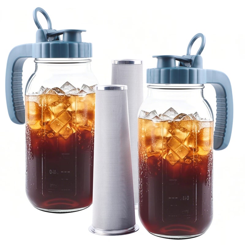 GMAEURL Mason Jar Pitcher With Stainless Steel Filter 64 OZ 2 Pack Wide Mouth Cold Brew Coffee Maker 2 Quart Glass water pitcher with lid Half Gallon Cold hot Tea maker For Lemonade Milk Juice Refrigerator - Image 1