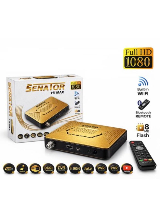 SENATOR 111 MAX Satellite Receiver, Full HD 1080p, Built-in WiFi, Bluetooth Remote, 4 Years Server Support, PVR Recording, Gold/Black - Image 2