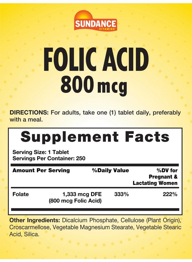 Sundance Folic Acid 800 mcg | 250 Vegetarian Tablets | Essential B-Vitamin | Vegetarian, Non-GMO, and Gluten Free Supplement - Image 2