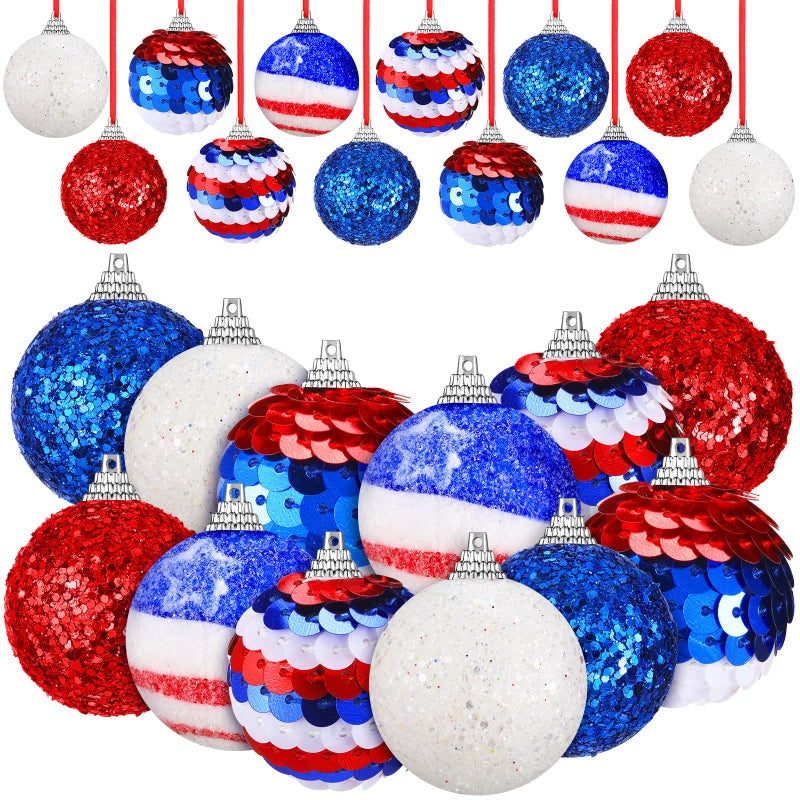 Kajaia 24 Pcs 4th of July Hanging Ornaments Velvet Patriotic Tree Ornaments Memorial Day Tree Decoration Independence Day Ornaments Red White Blue Decor for Home IndoorClassic Style - Image 1