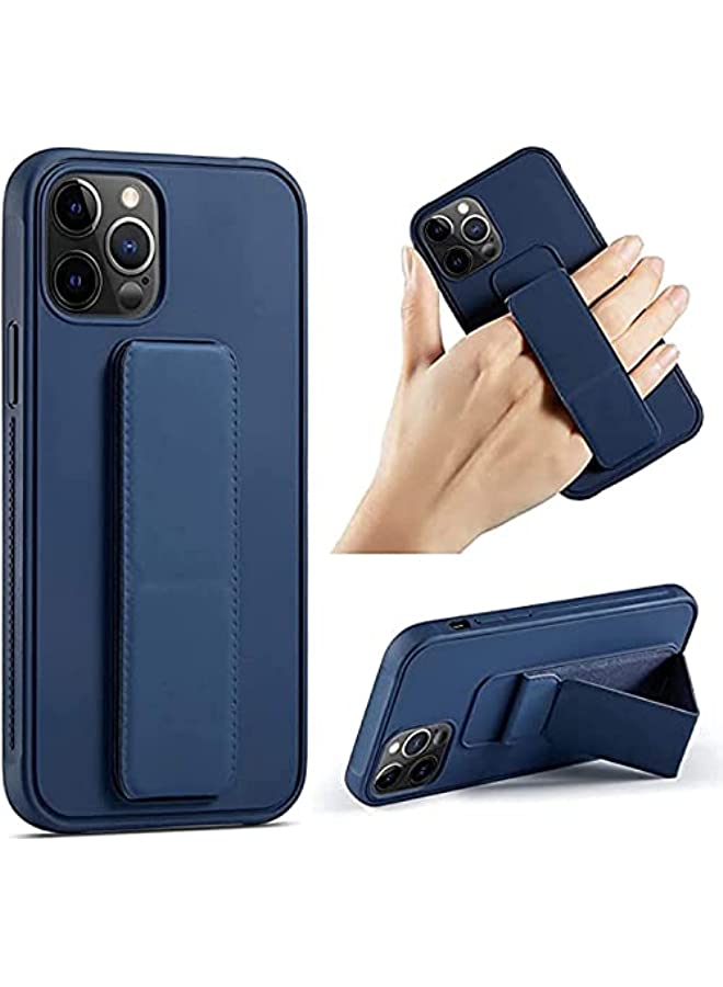 S-TOP iPhone 13 Pro Mobile Case with Magnetic Stand and Holder Hand Strap Grip Premium Silicone Magnetic Car Mount Cover Foldable Kickstand Case Finger Grip Cover (Dark Blue) - Image 1