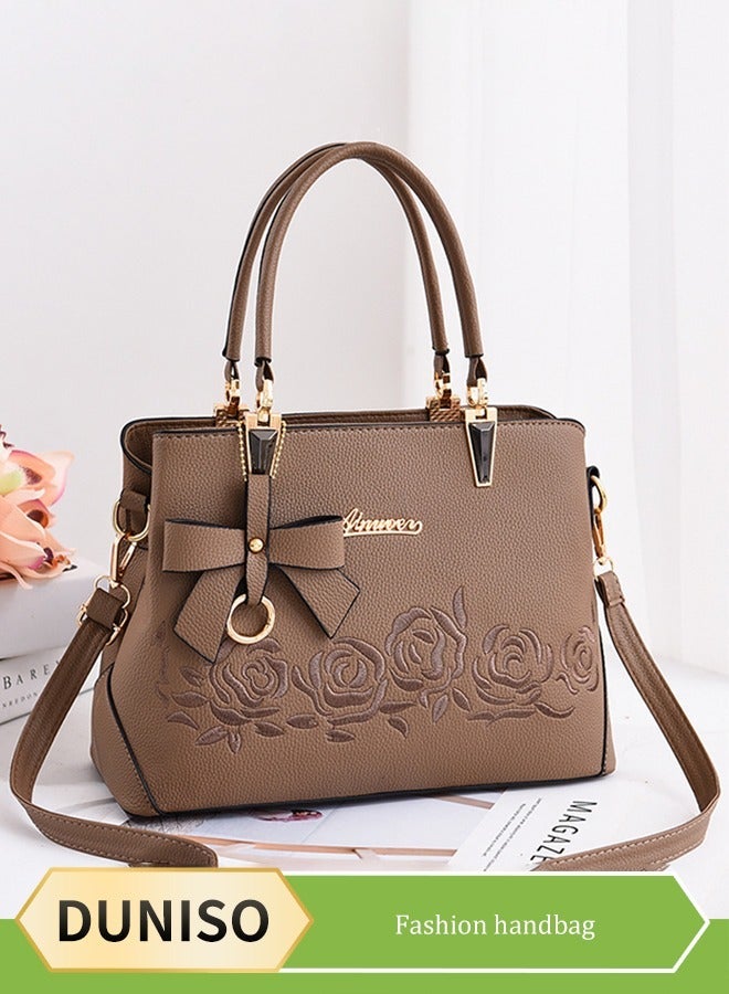 DUNISO Womens handbag PU leather shoulder bag large capacity crossbody bag with detachable shoulder strap and top handle embroidered design and bow decoration suitable for shopping work dating travel - Image 1