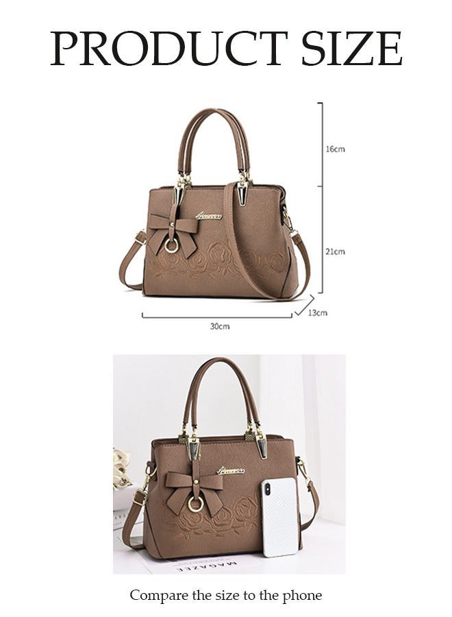 DUNISO Womens handbag PU leather shoulder bag large capacity crossbody bag with detachable shoulder strap and top handle embroidered design and bow decoration suitable for shopping work dating travel - Image 2