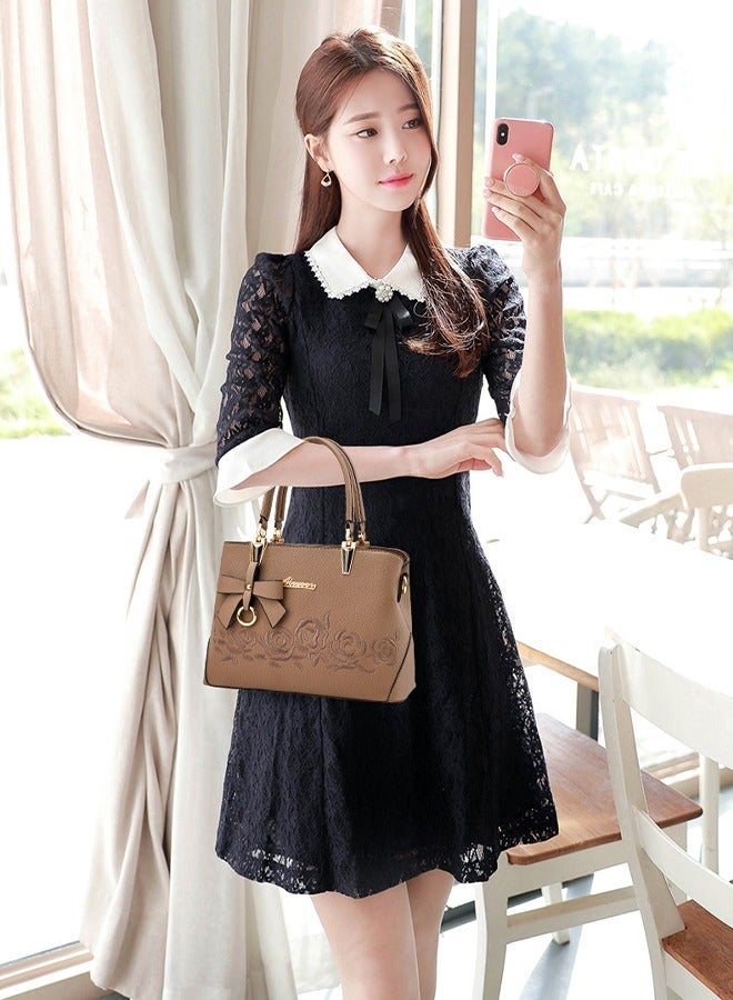 DUNISO Womens handbag PU leather shoulder bag large capacity crossbody bag with detachable shoulder strap and top handle embroidered design and bow decoration suitable for shopping work dating travel - Image 3