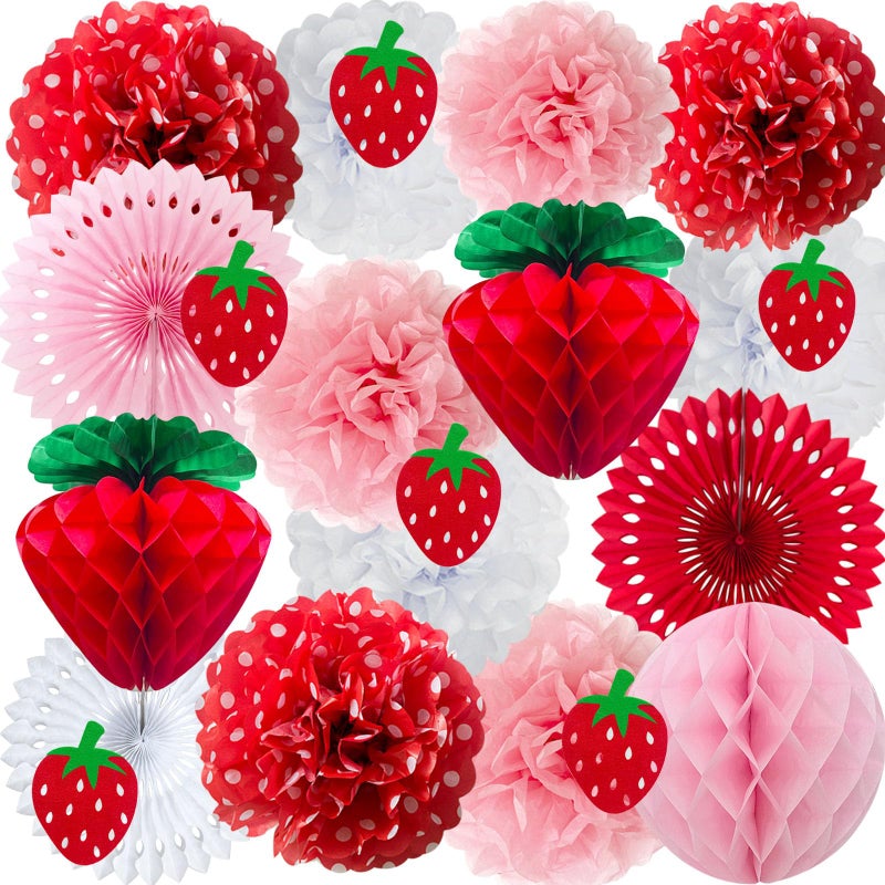 ANSOMO Strawberry Party Decorations Red Pink White Tissue Pom Poms Fans Honeycom Balls Lanterns Garland Classroom Berry Sweet Fruits 1st One Birthday Bridal Baby Shower Dcor Supplies Girls