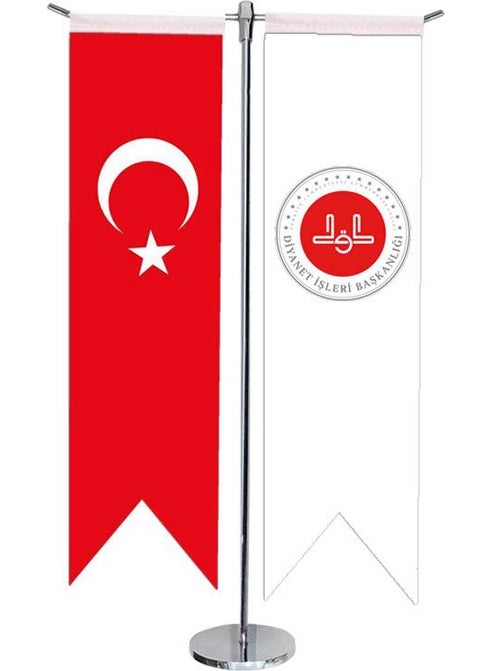 Table Top Swallow Presidency of Religious Affairs Turkish Flag + Chrome T Pole Table Flag Set