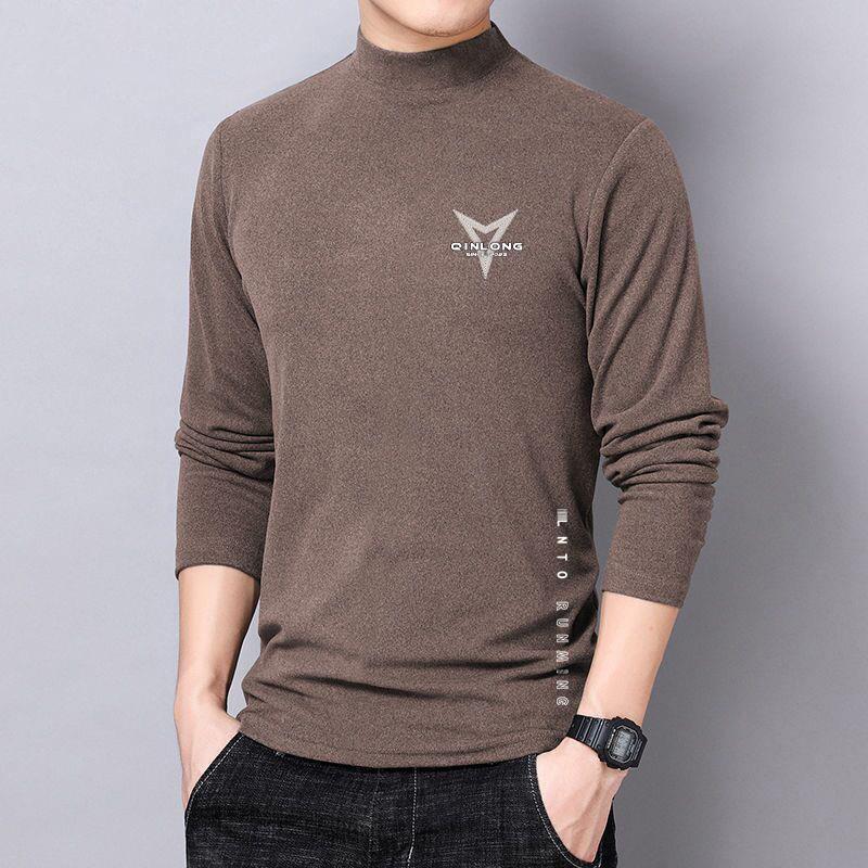 De Rong Constant Temperature Thermal Underwear fleece-lined Thickened Inner Wear Mens Base Shirt Half-high Collar Solid Color Long-sleeved T-shirt Autumn Clothes Triangle Coffee [Side English De Velvet]]