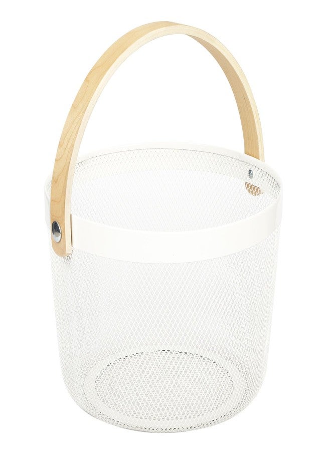 IBWell Bucket-Shape Metal Wire Woven Fruit Storage Bowl Basket with Wooden Handle, Large Black Mesh Fruit Stand, Multi-function Hanging Kitchen Baskets (White) - Image 1