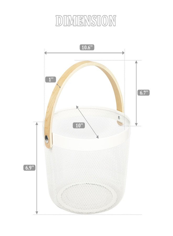 IBWell Bucket-Shape Metal Wire Woven Fruit Storage Bowl Basket with Wooden Handle, Large Black Mesh Fruit Stand, Multi-function Hanging Kitchen Baskets (White) - Image 2