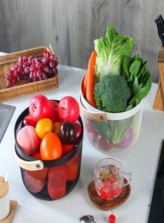 IBWell Bucket-Shape Metal Wire Woven Fruit Storage Bowl Basket with Wooden Handle, Large Black Mesh Fruit Stand, Multi-function Hanging Kitchen Baskets (White) - Image 3