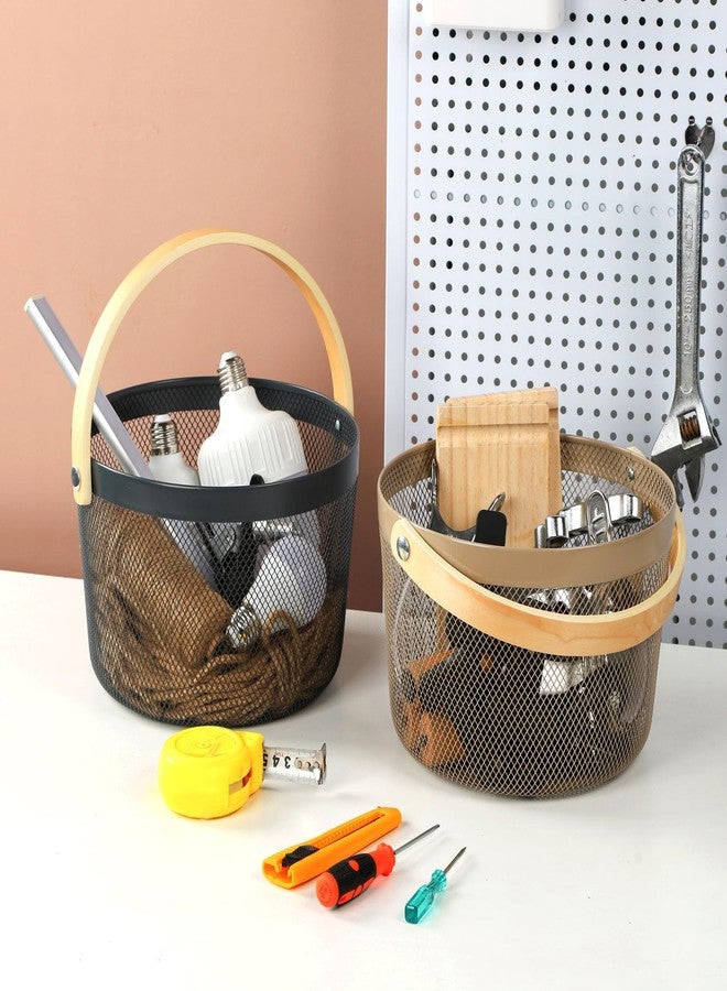 IBWell Bucket-Shape Metal Wire Woven Fruit Storage Bowl Basket with Wooden Handle, Large Black Mesh Fruit Stand, Multi-function Hanging Kitchen Baskets (White) - Image 4
