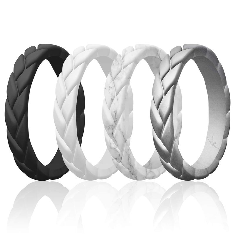ROQ Silicone Rings for Women Thin Womens Silicone Rubber Wedding Rings Bands - Bridal Jewelry Set Promise Rings Anniversary Rings - Black, White, Marble, Silver Colors - Size 6 - Image 1