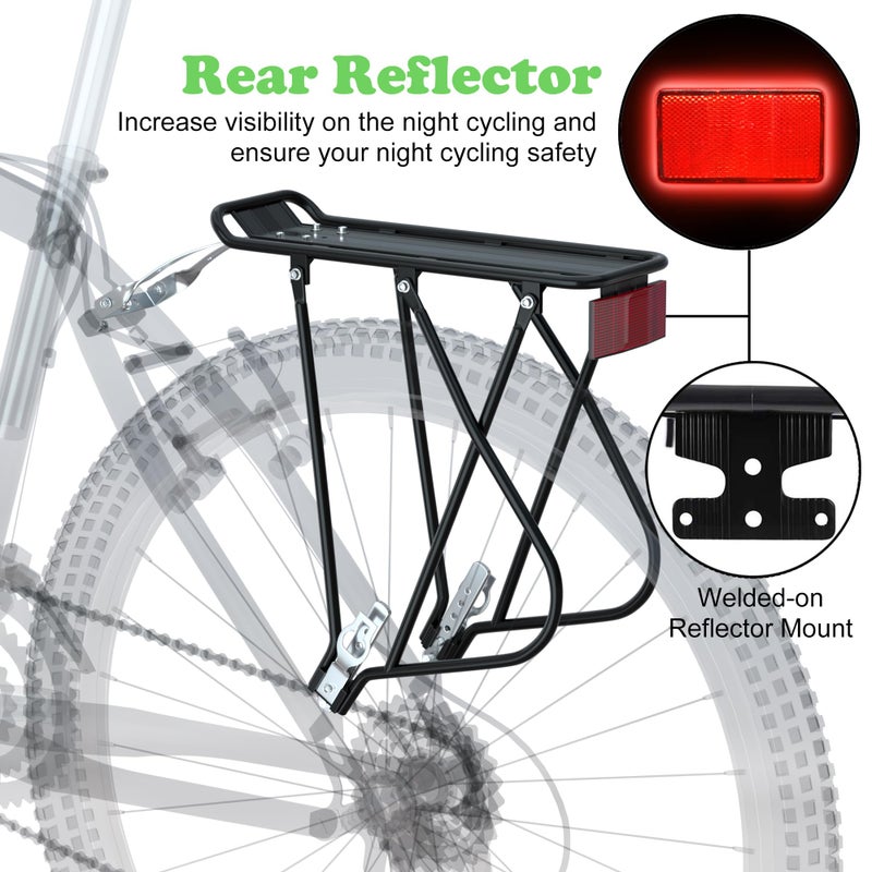 ريلاينسر رف شحن الدراجة مع شبكة بضائع بنجي وشعار عاكس عالمي قابل للتعديل للدراجة الخلفية للأمتعة بجولة حاملة رفوف بسعة 55 رطلًا، رف سريع الفك لدراجة الطريق الجبلية لإطارات 26 بوصة - 29 بوصة - Image 3
