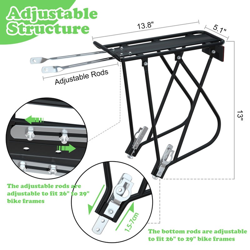ريلاينسر رف شحن الدراجة مع شبكة بضائع بنجي وشعار عاكس عالمي قابل للتعديل للدراجة الخلفية للأمتعة بجولة حاملة رفوف بسعة 55 رطلًا، رف سريع الفك لدراجة الطريق الجبلية لإطارات 26 بوصة - 29 بوصة - Image 2