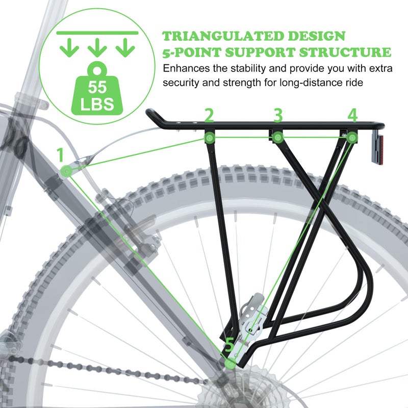 ريلاينسر رف شحن الدراجة مع شبكة بضائع بنجي وشعار عاكس عالمي قابل للتعديل للدراجة الخلفية للأمتعة بجولة حاملة رفوف بسعة 55 رطلًا، رف سريع الفك لدراجة الطريق الجبلية لإطارات 26 بوصة - 29 بوصة - Image 4