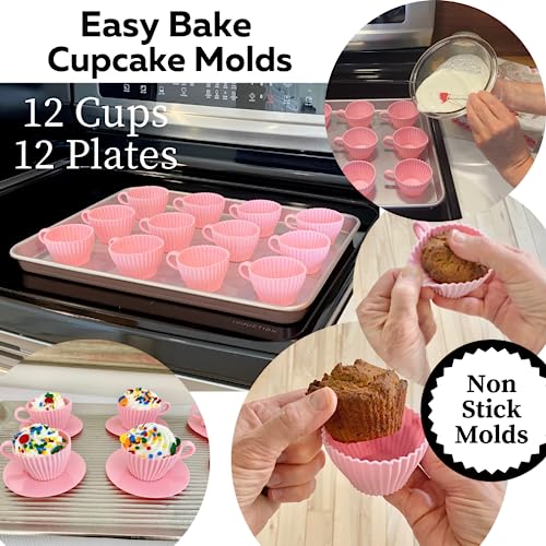 Evelots Baking Cupcake Molds - Silicone Teacup Set - 24 Pc Set - Oven-Safe - Nonstick - Muffin Cups for Bridal/Baby Shower, Birthday/Tea Party - 12 Cups & 12 Saucers - BPA Free - Image 2