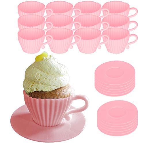 Evelots Baking Cupcake Molds - Silicone Teacup Set - 24 Pc Set - Oven-Safe - Nonstick - Muffin Cups for Bridal/Baby Shower, Birthday/Tea Party - 12 Cups & 12 Saucers - BPA Free - Image 1