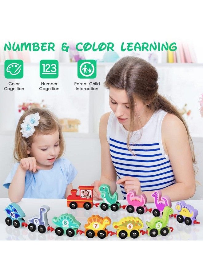 Wooden Dinosaur Train Set With Numbers,11 Pieces Train Cars Includes Locomotive & Starage Bag, Count & Color Montessori Educational Toys For Toddlers Age 24, Easter Gift Idea  - Image 4