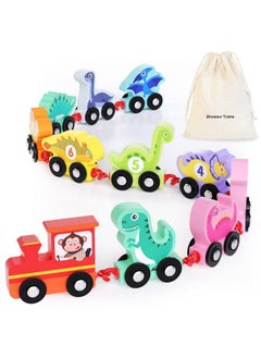 Generic Wooden Dinosaur Train Set With Numbers,11 Pieces Train Cars Includes Locomotive & Starage Bag, Count & Color Montessori Educational Toys For Toddlers Age 24, Easter Gift Idea  - Image 1