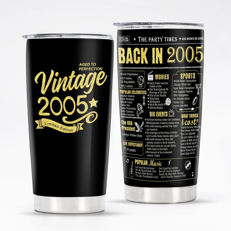 KERAOO Happy 20th Birthday Tumblers Gifts for Men Women Back in 2005 Stainless Steel Tumblers Gifts 2005 20Years Old Birthday Gift For Daughter Son Friends