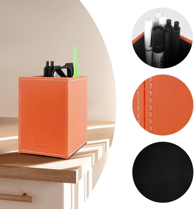 Fosinz Pen Pencil Holder Cup Container PU Leather Desk Organizer Stand Decor Brush Scissor Holder Decoration Office Desk Home School (Orange, 3.54" x 3.54" x 4.72") - Image 1