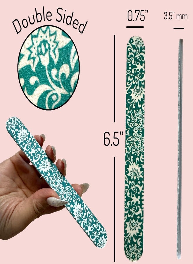 ALAZCO Set of 12 Dual-Sided Nail File Emery Board Heavy Medium Grit Cushioned Washable Easy Grip Comfortable Filing Smoothing Finishing Nails 6.5” Travel TSA Approved (Green Floral) - Image 2