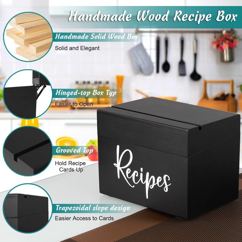 DRASTAR Recipe Box, Wooden Recipe Organizer,Black Recipe Holder Box with 50 Recipe Cards 4"x6" & 6 Dividers, Recipe Book to Write in Your Own Recipes - Image 3