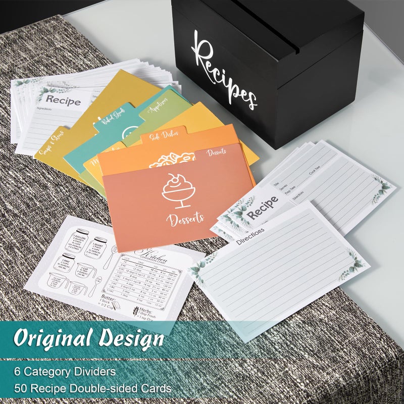 DRASTAR Recipe Box, Wooden Recipe Organizer,Black Recipe Holder Box with 50 Recipe Cards 4"x6" & 6 Dividers, Recipe Book to Write in Your Own Recipes - Image 4