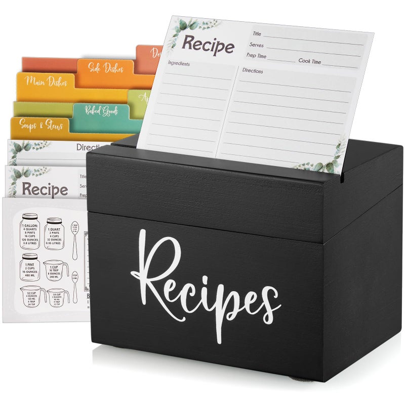 DRASTAR Recipe Box, Wooden Recipe Organizer,Black Recipe Holder Box with 50 Recipe Cards 4"x6" & 6 Dividers, Recipe Book to Write in Your Own Recipes - Image 1