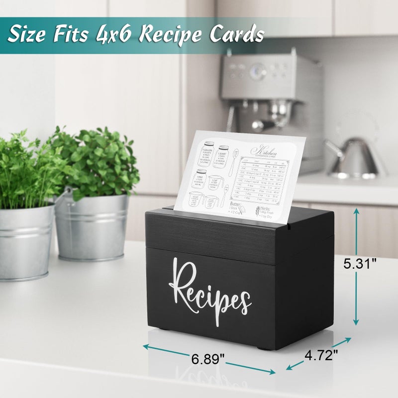 DRASTAR Recipe Box, Wooden Recipe Organizer,Black Recipe Holder Box with 50 Recipe Cards 4"x6" & 6 Dividers, Recipe Book to Write in Your Own Recipes - Image 2