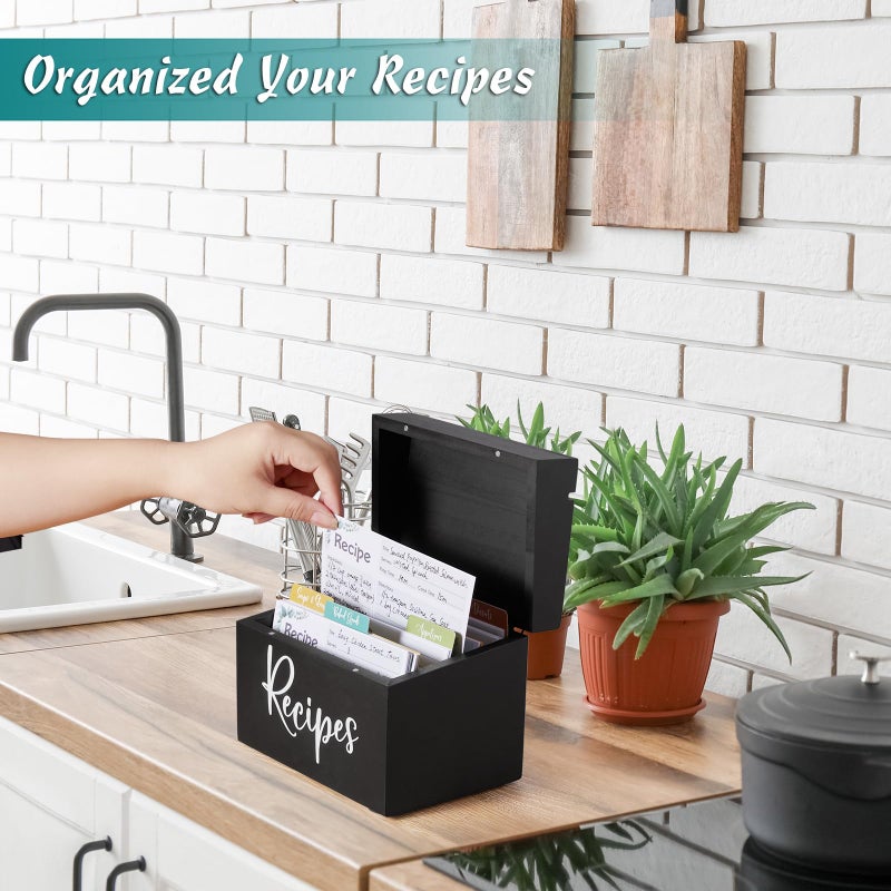 DRASTAR Recipe Box, Wooden Recipe Organizer,Black Recipe Holder Box with 50 Recipe Cards 4"x6" & 6 Dividers, Recipe Book to Write in Your Own Recipes - Image 5