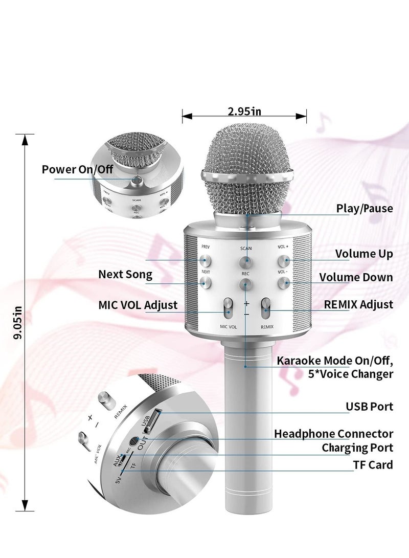 Wireless Bluetooth Karaoke Microphone,Rechargeable Kids Microphone Karaoke Machine,Professional Handheld Karaoke Mic Speaker Home KTV Kids Birthday Party - Best Gifts for Kids Adults (Silver) - Image 3