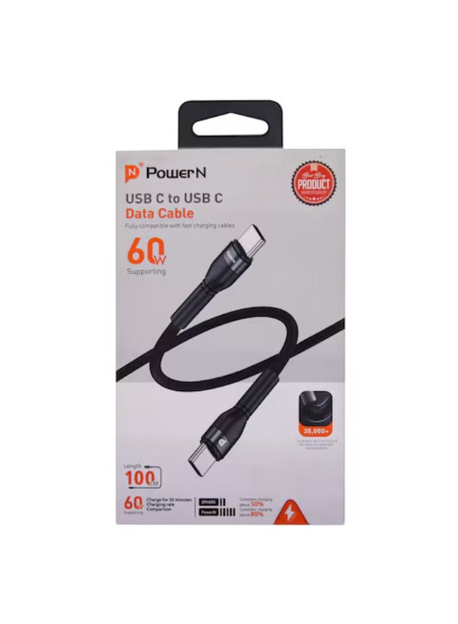 POWER N Fast Charging & Data Transfer Type-C to Type-C Cable - 60W - 1M Cable Length - Black - Image 1