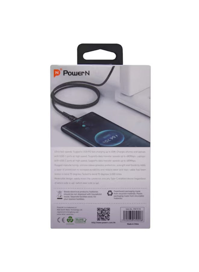POWER N Fast Charging & Data Transfer Type-C to Type-C Cable - 60W - 1M Cable Length - Black - Image 2