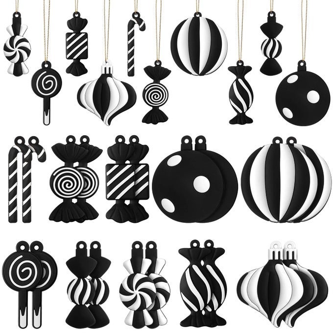 CHRISTMAS TREE ORNAMENTS PVC XMAS CANDY CANE LOLLIPOP ORNAMENT CHRISTMAS HANGING DECORS BIRTHDAY PARTY DECORATION CRAFTS FOR HOLIDAY XMAS TREE PARTY 20 BLACK AND WHITE