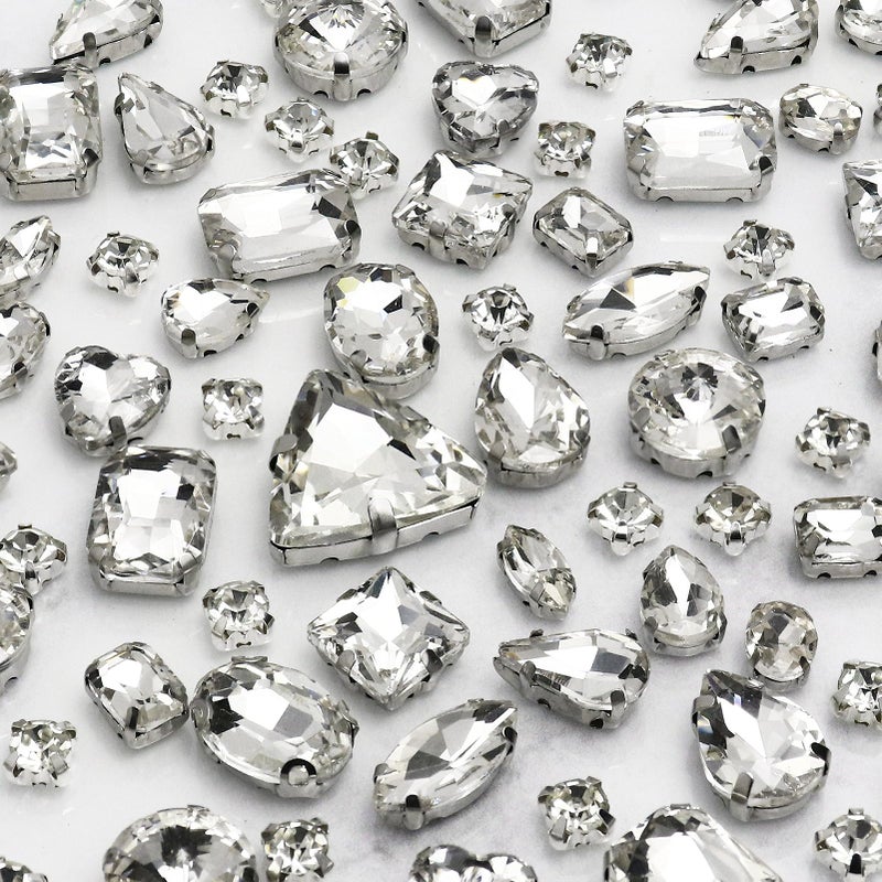 Dowarm White Sew on Rhinestones 104 PCS Mixed Shapes Glass Sew on Crystals for Crafts Metal Flatback Claw Gemstones for Jewelry Making Costumes Clothes Garment Crystal Clear