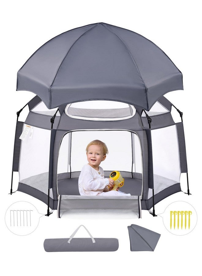 Babelio Baby Playpen with Canopy, Pop up Toddler Tent, Travel/Nap, Indoor and Outdoor, Portable&Foldable, Beach Tent, Sun Protection, Double-Door, One-Touch Storage - Grey - Image 1