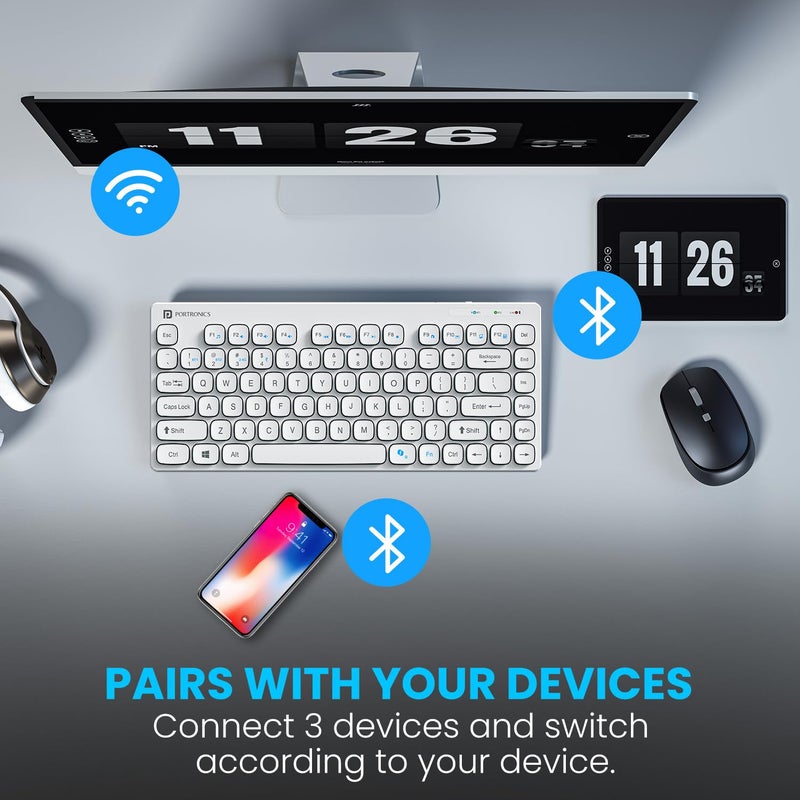 Portronics لوحة مفاتيح متعددة الوسائط اللاسلكية بابل 2.4 جيجاهرتز وبلوتوث 5.0، تجربة صامتة، حجم مدمج لأجهزة iOS iPad Air وPro وMini وأجهزة Android وWindows Tablets PC Smartphone (أبيض) - Image 3