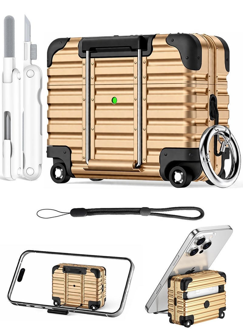 حافظة لسماعات AirPods 4 بتصميم حقيبة سفر، مزودة بقفل أمان وحامل للهاتف، وغطاء واقٍ صلب من مادة PC، مع طقم تنظيف وسلسلة مفاتيح - اللون: ذهبي - Image 1