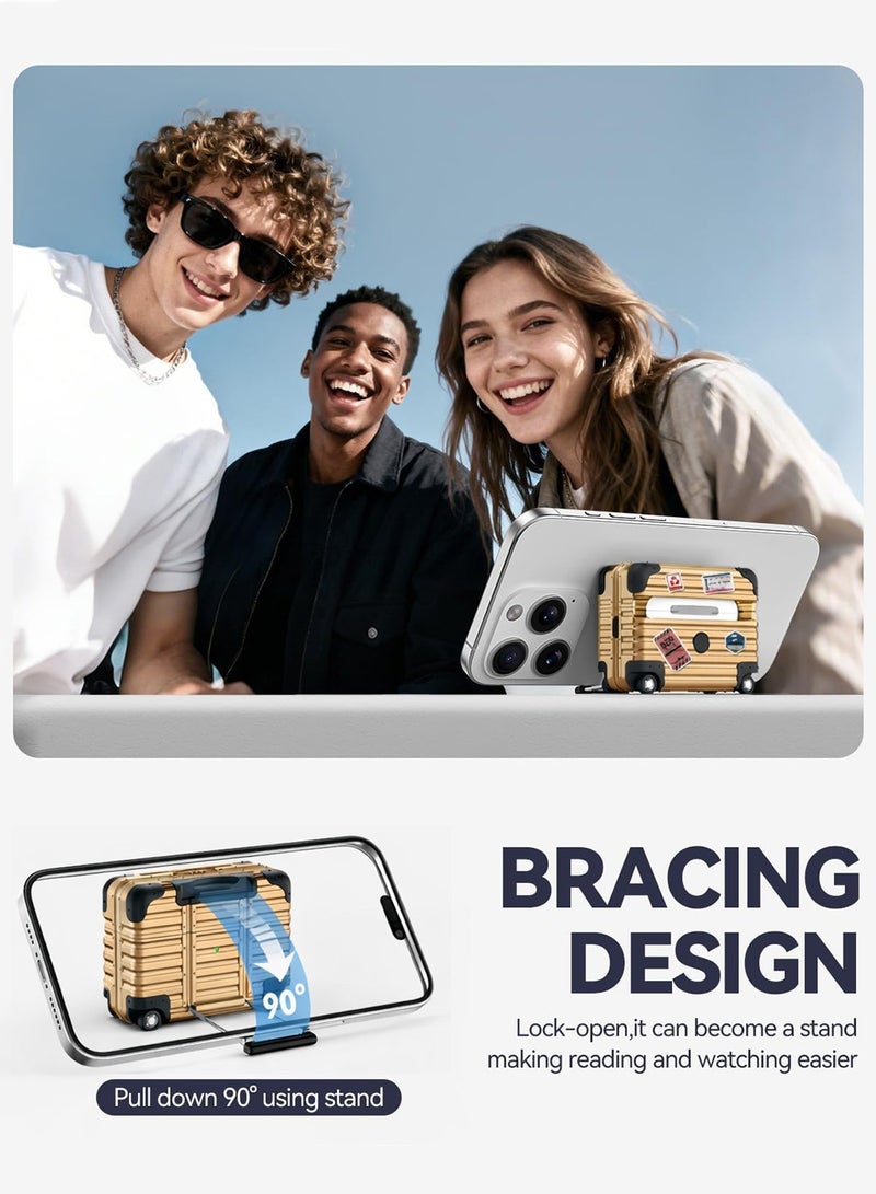 حافظة لسماعات AirPods 4 بتصميم حقيبة سفر، مزودة بقفل أمان وحامل للهاتف، وغطاء واقٍ صلب من مادة PC، مع طقم تنظيف وسلسلة مفاتيح - اللون: ذهبي - Image 2