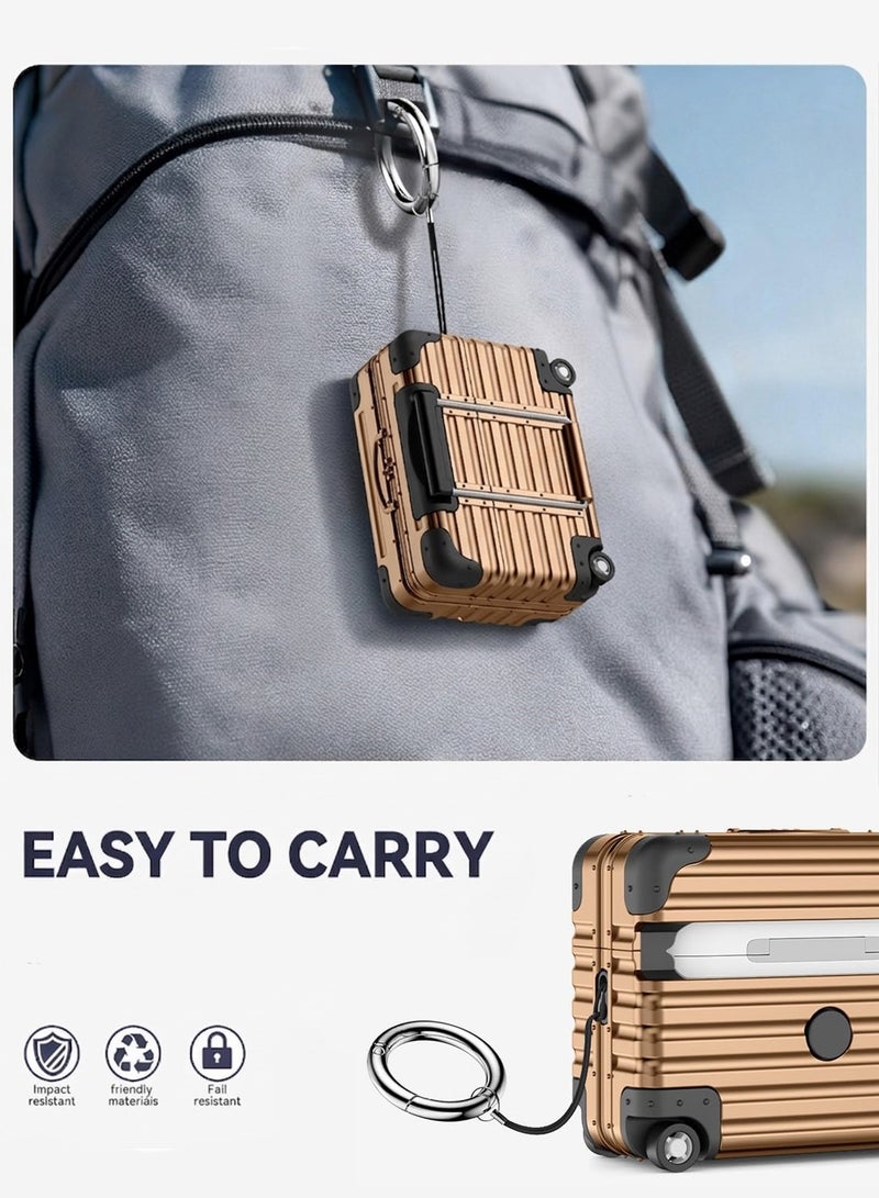 حافظة لسماعات AirPods 4 بتصميم حقيبة سفر، مزودة بقفل أمان وحامل للهاتف، وغطاء واقٍ صلب من مادة PC، مع طقم تنظيف وسلسلة مفاتيح - اللون: ذهبي - Image 4