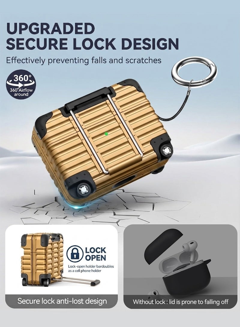 حافظة لسماعات AirPods 4 بتصميم حقيبة سفر، مزودة بقفل أمان وحامل للهاتف، وغطاء واقٍ صلب من مادة PC، مع طقم تنظيف وسلسلة مفاتيح - اللون: ذهبي - Image 3