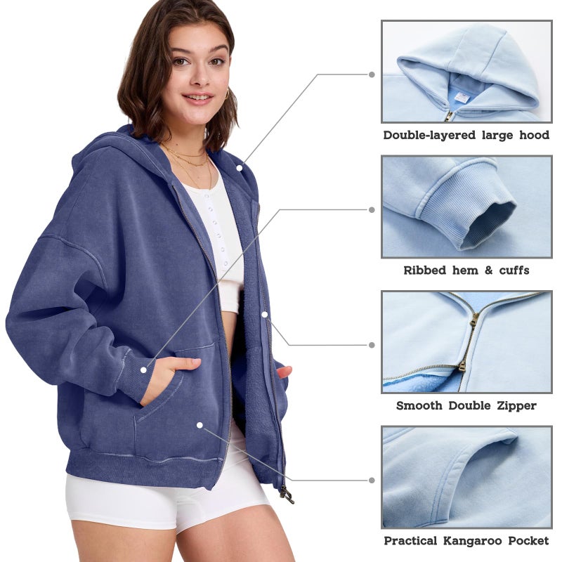 Dnzzs Womens Zip Up Hoodie Oversized Acid Wash Sweatshirts Heavyweight Fall Fashion Outfits Casual Jackets Winter Clothes,Blue,Medium - Image 3