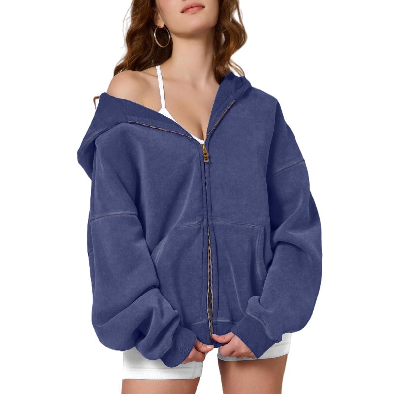 Dnzzs Womens Zip Up Hoodie Oversized Acid Wash Sweatshirts Heavyweight Fall Fashion Outfits Casual Jackets Winter Clothes,Blue,Medium - Image 1