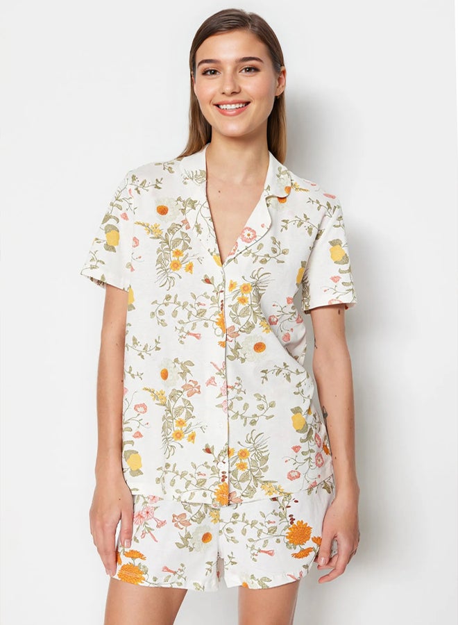 trendyol Multicolored 100% Cotton Floral Patterned Shirt-Shorts Knitted Pajama Set THMSS23PT00020 - Image 1